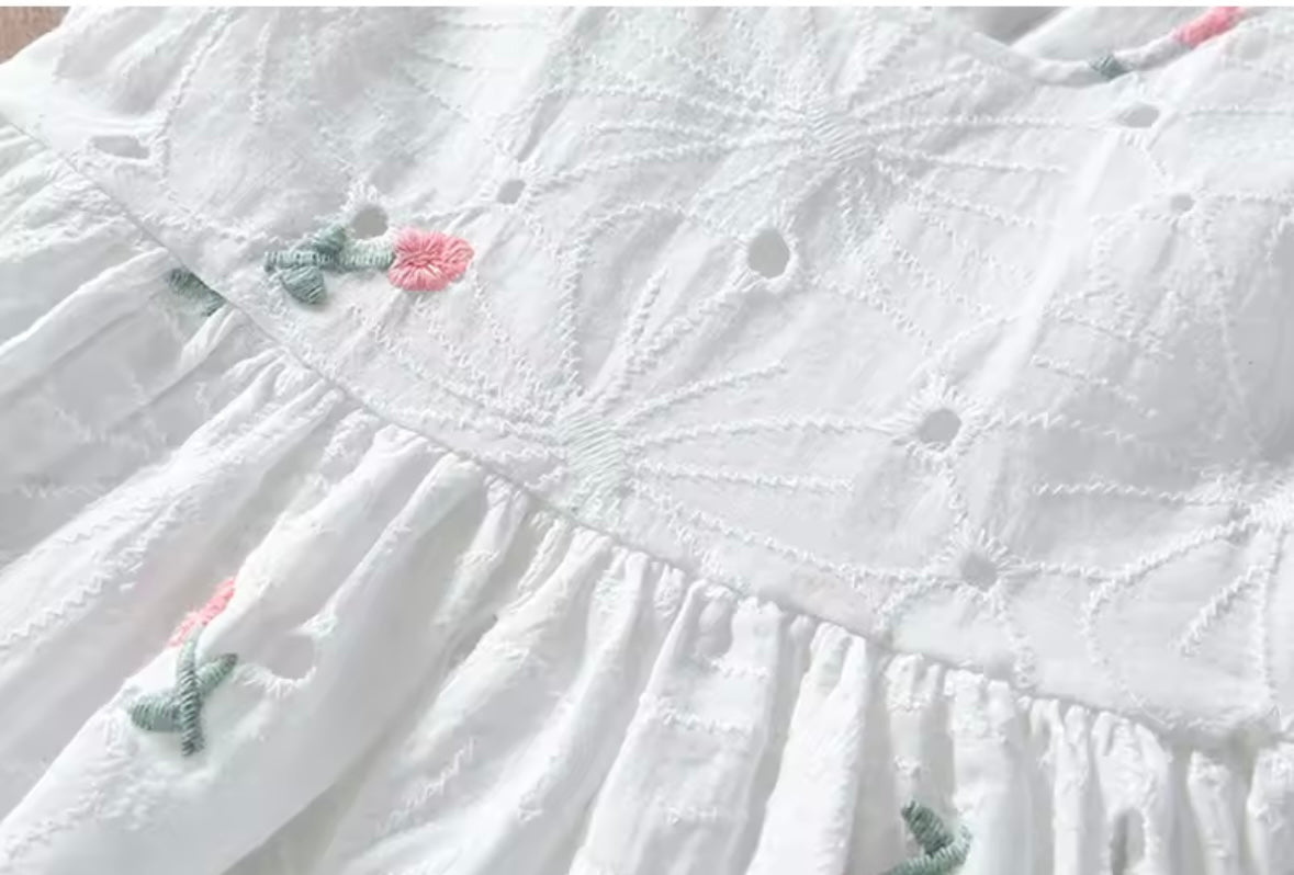 White Eyelet Floral girl Dress – Sleeveless Summer Cotton