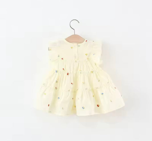Butterfly Garden Ruffle Baby Dress – Soft Yellow with Mini Florals + Matching Bow Bag