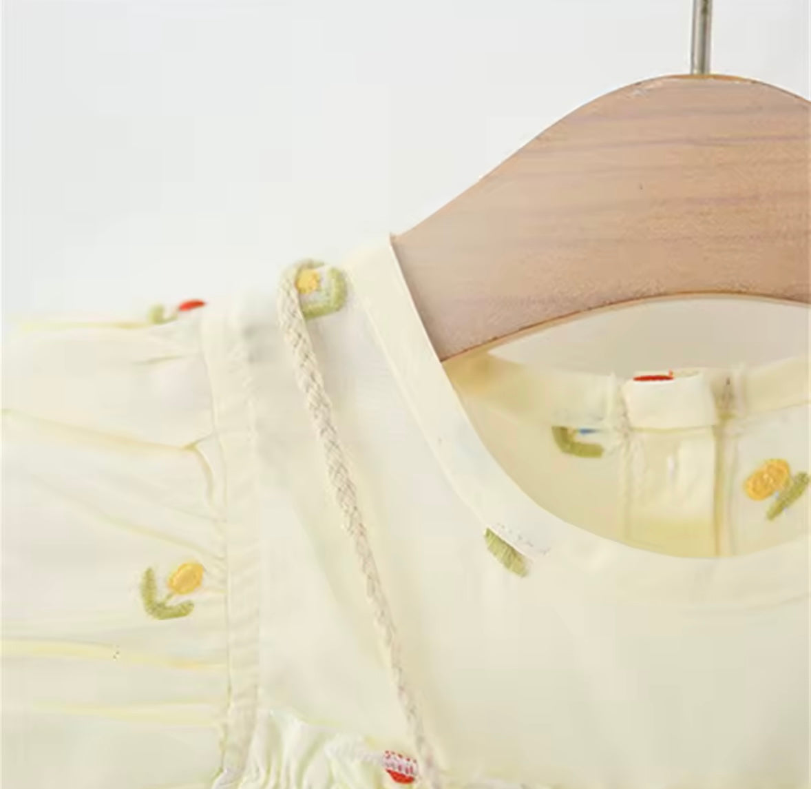 Butterfly Garden Ruffle Baby Dress – Soft Yellow with Mini Florals + Matching Bow Bag