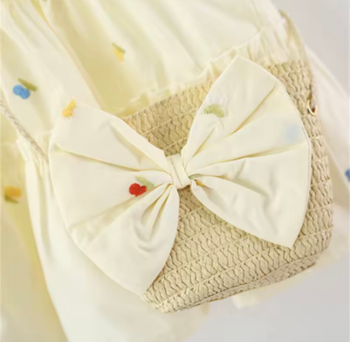 Butterfly Garden Ruffle Baby Dress – Soft Yellow with Mini Florals + Matching Bow Bag
