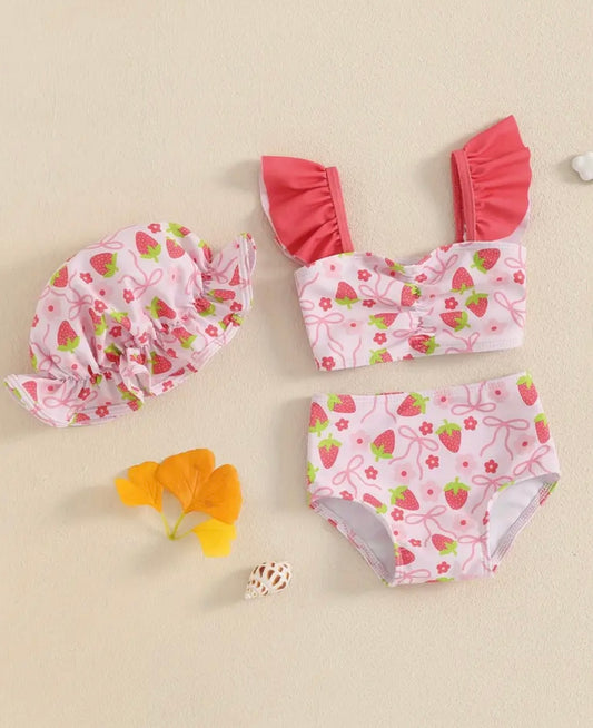 Strawberry Sweetie 3-Piece Girls’ Swimsuit Set – Pink Ruffle Bikini + Matching Cap