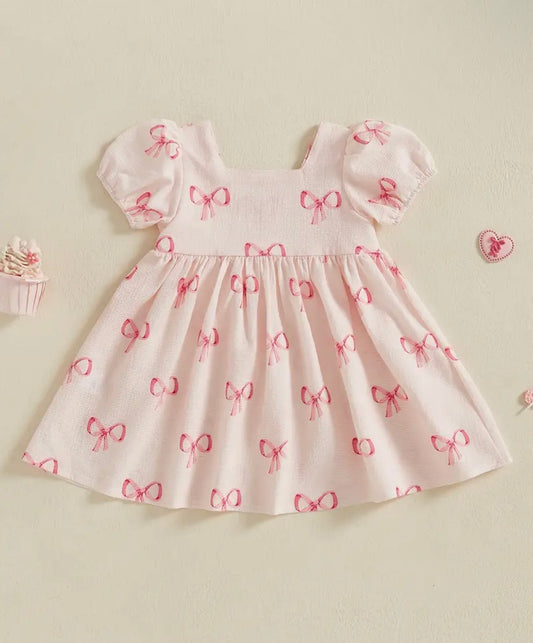 Pink Puff Sleeve Baby Dress with Allover Bow print