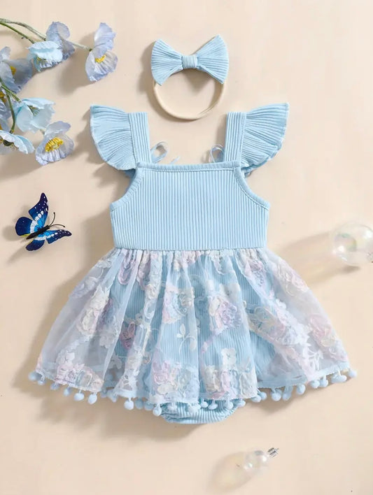 💙 Baby Girl Blue Lace Romper Set – With Headband 💙