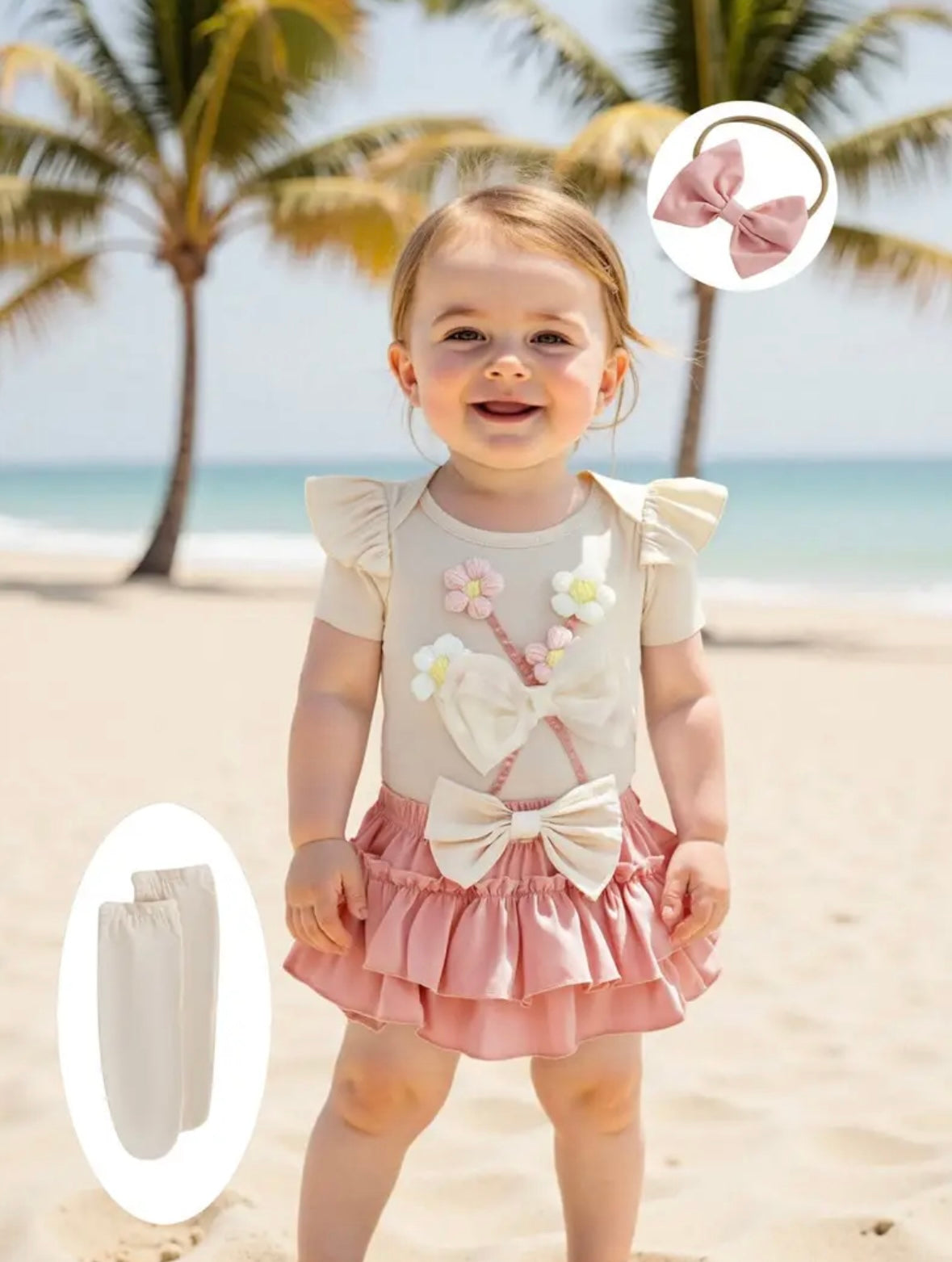 🌸 4-Piece Baby Girl Set – Floral Romper, Ruffle Shorts, Headband & Stockings 🌸