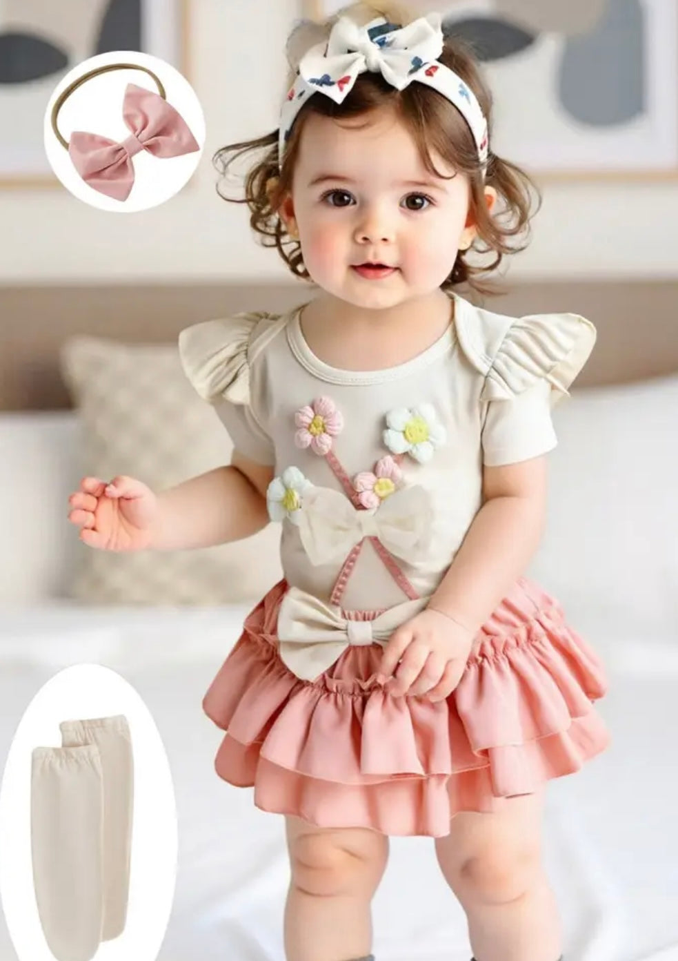 🌸 4-Piece Baby Girl Set – Floral Romper, Ruffle Shorts, Headband & Stockings 🌸