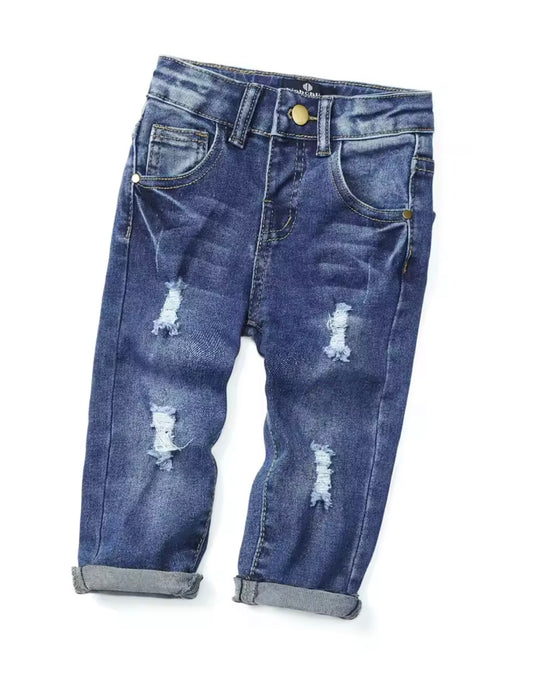 Trendy Distressed Kids’ Blue Jeans – Rolled Cuffs, Soft Denim, Unisex Style