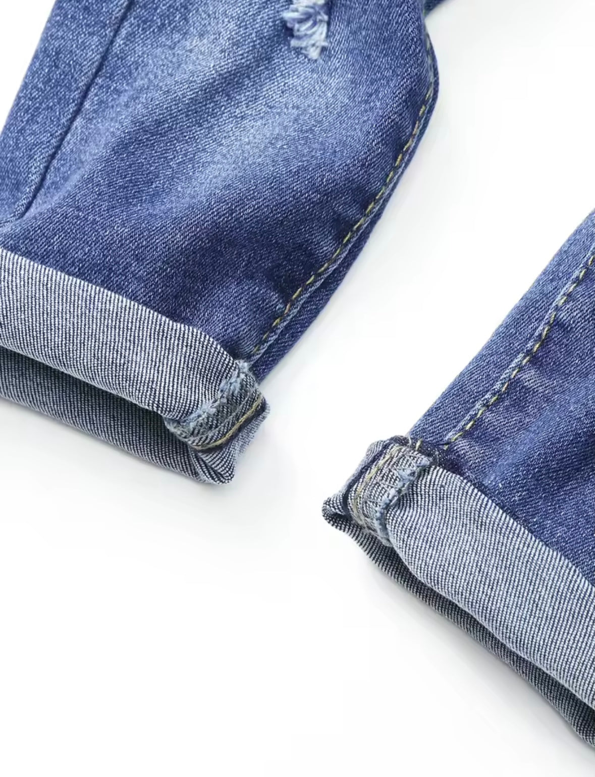 Trendy Distressed Kids’ Blue Jeans – Rolled Cuffs, Soft Denim, Unisex Style