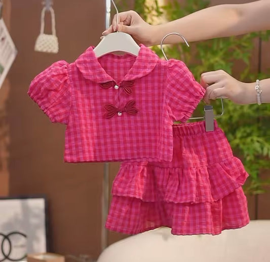 Pink Gingham Ruffle Skirt & Bow Top Set – Baby & Toddler Girl Outfit