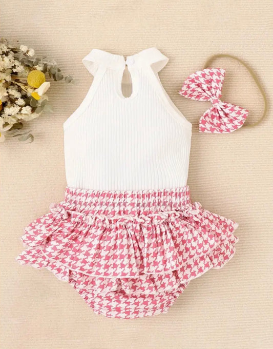 Pink Houndstooth Heart 3-Piece Baby Girl Outfit Set