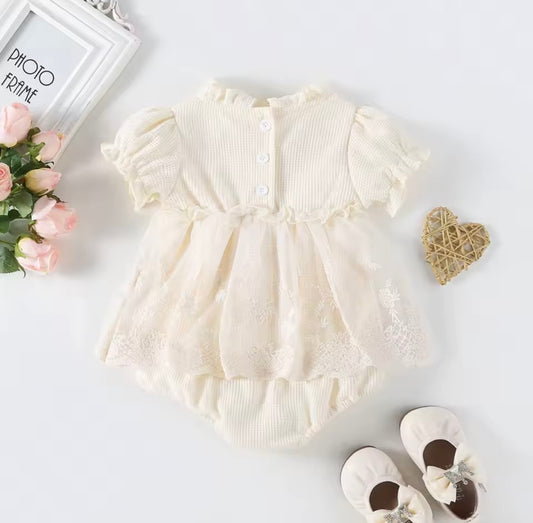 Cream Lace Baby Girl Romper Dress – Elegant Vintage Style