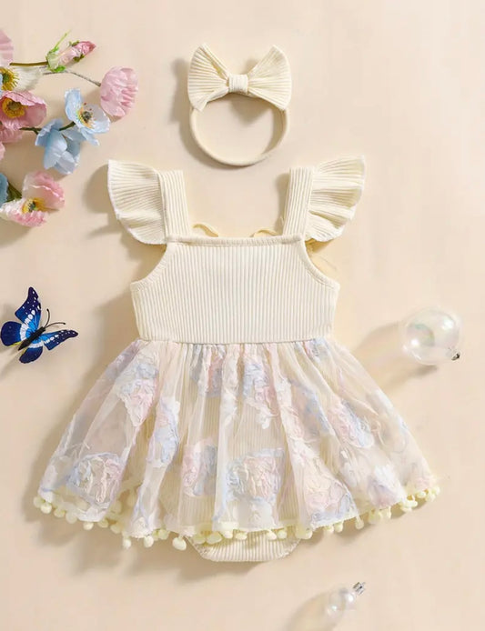 Baby Girl cream Tulle Romper Dress Set