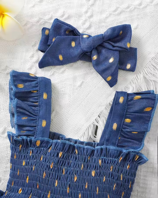 ⸻
🌼 Denim Dots Ruffle Baby Dress Set