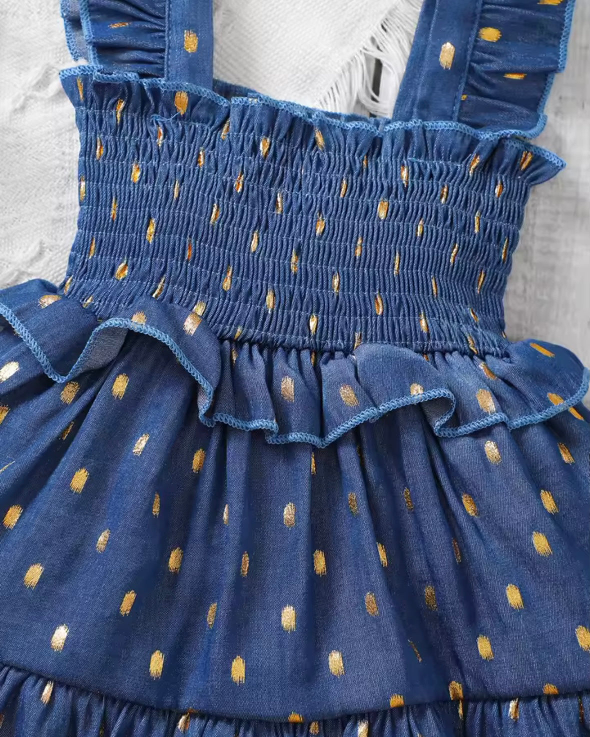 ⸻
🌼 Denim Dots Ruffle Baby Dress Set