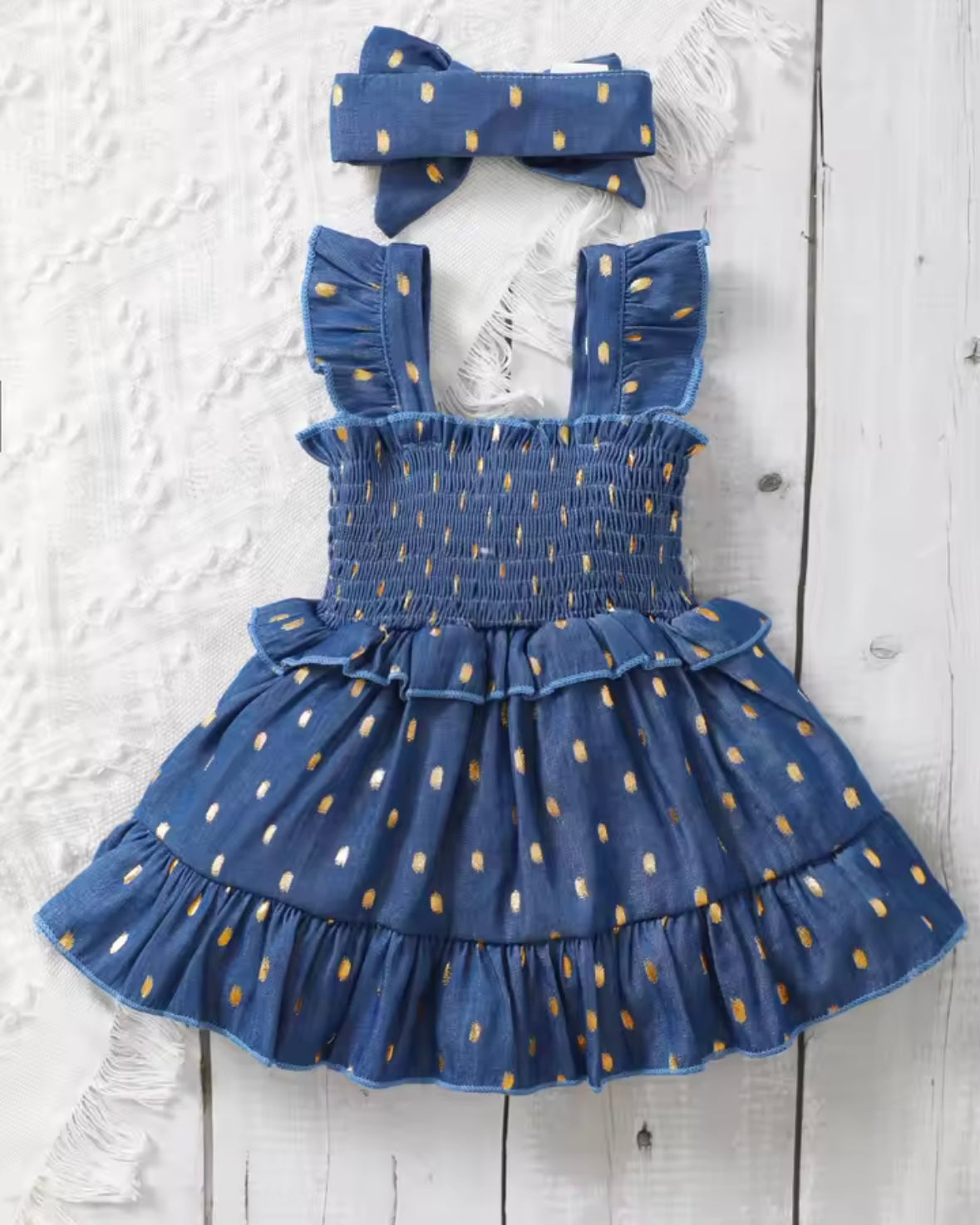 ⸻
🌼 Denim Dots Ruffle Baby Dress Set