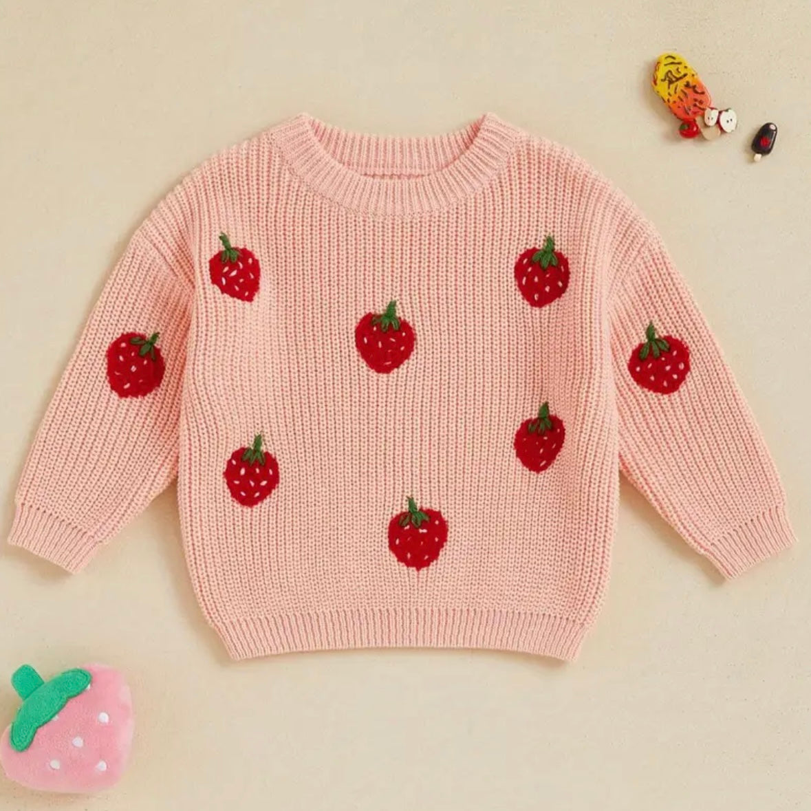 🍓 Pink Strawberry Patch Knit Sweater – Baby & Toddler