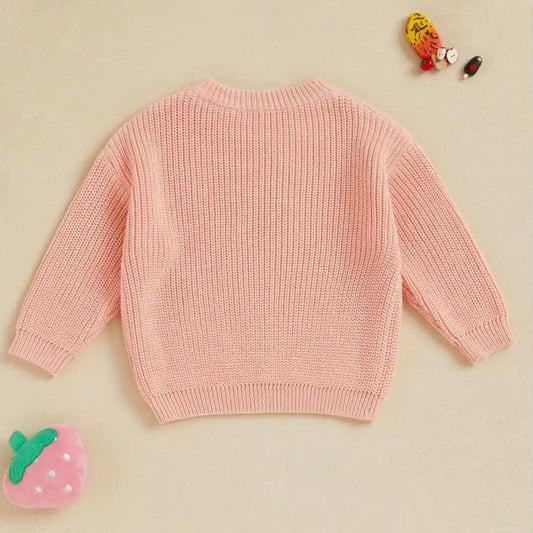 🍓 Pink Strawberry Patch Knit Sweater – Baby & Toddler