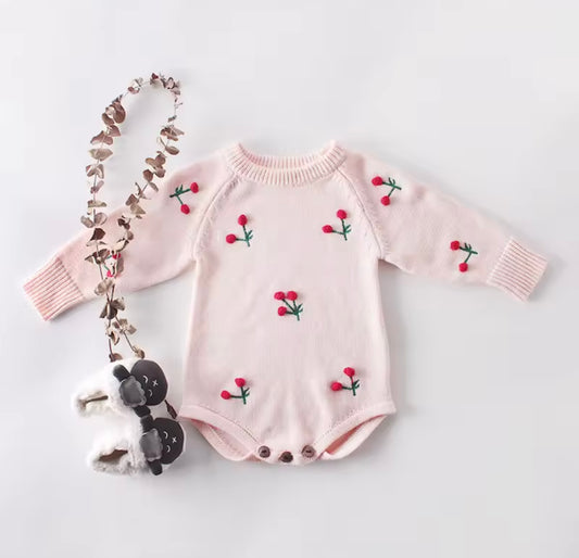🍒 Cherry Knit Dreams Baby Romper