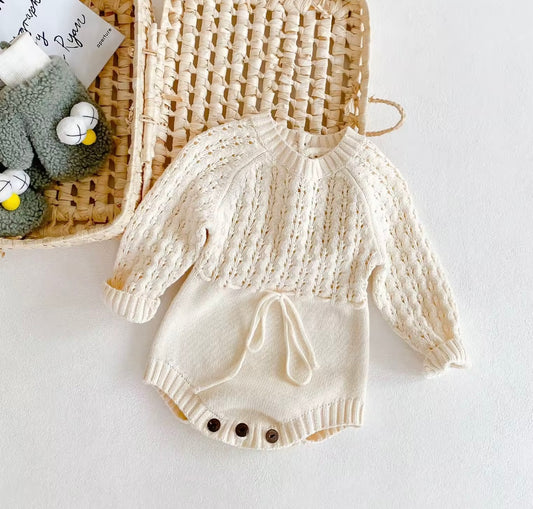 Cozy Cream Knit Baby Romper – Long Sleeve