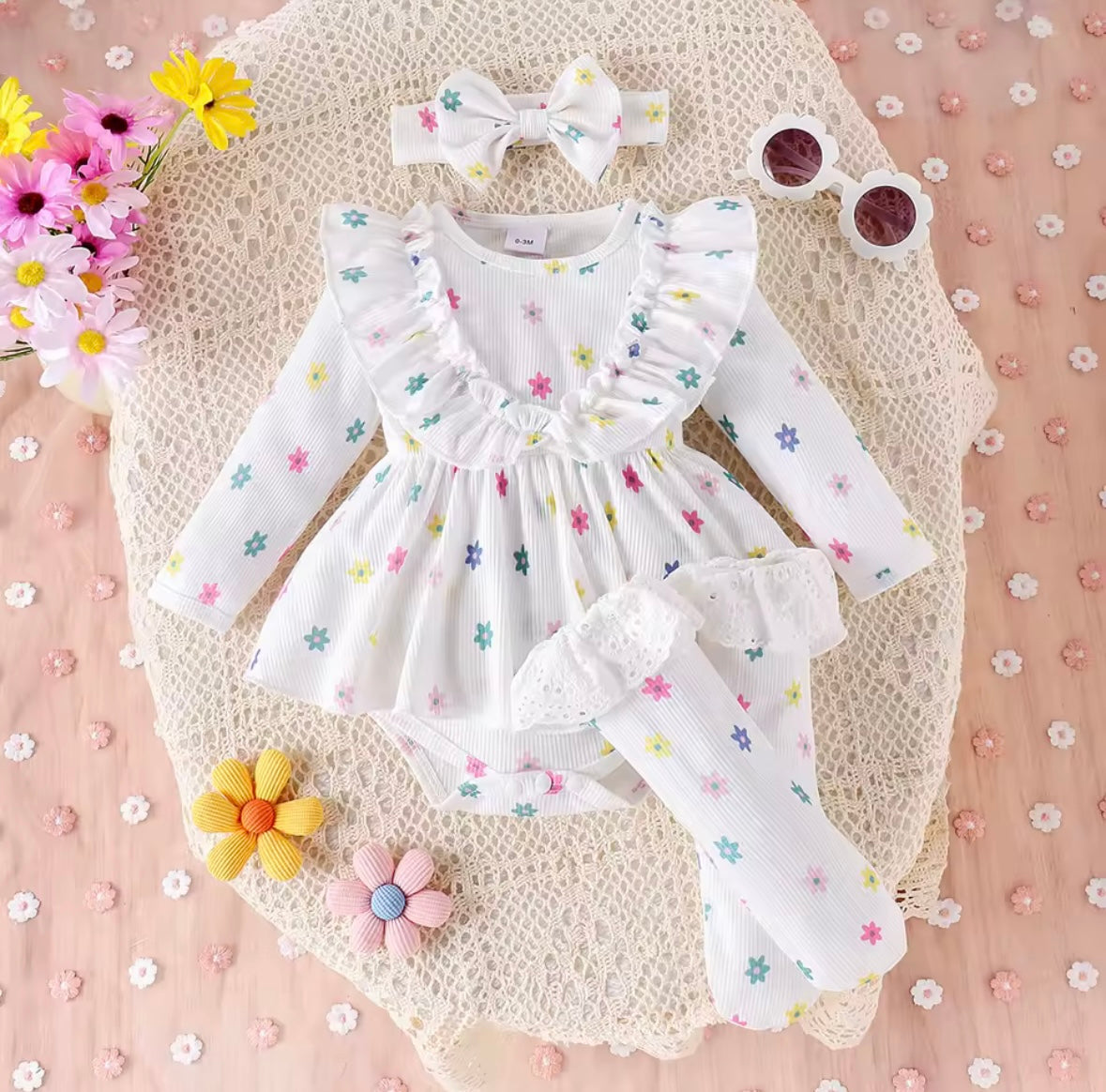 Pastel Daisy Baby Girl 3-Piece Outfit – Romper Dress, Frilly Socks & Bow Headband Set
