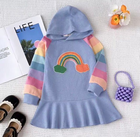 Pastel Rainbow Hoodie Dress – Soft Blue with Flare Hem 🌈✨