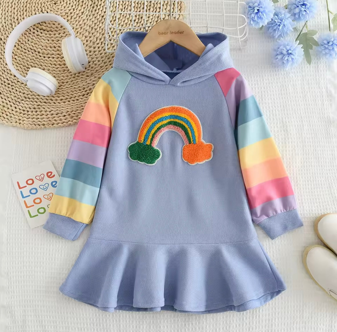 Pastel Rainbow Hoodie Dress – Soft Blue with Flare Hem 🌈✨