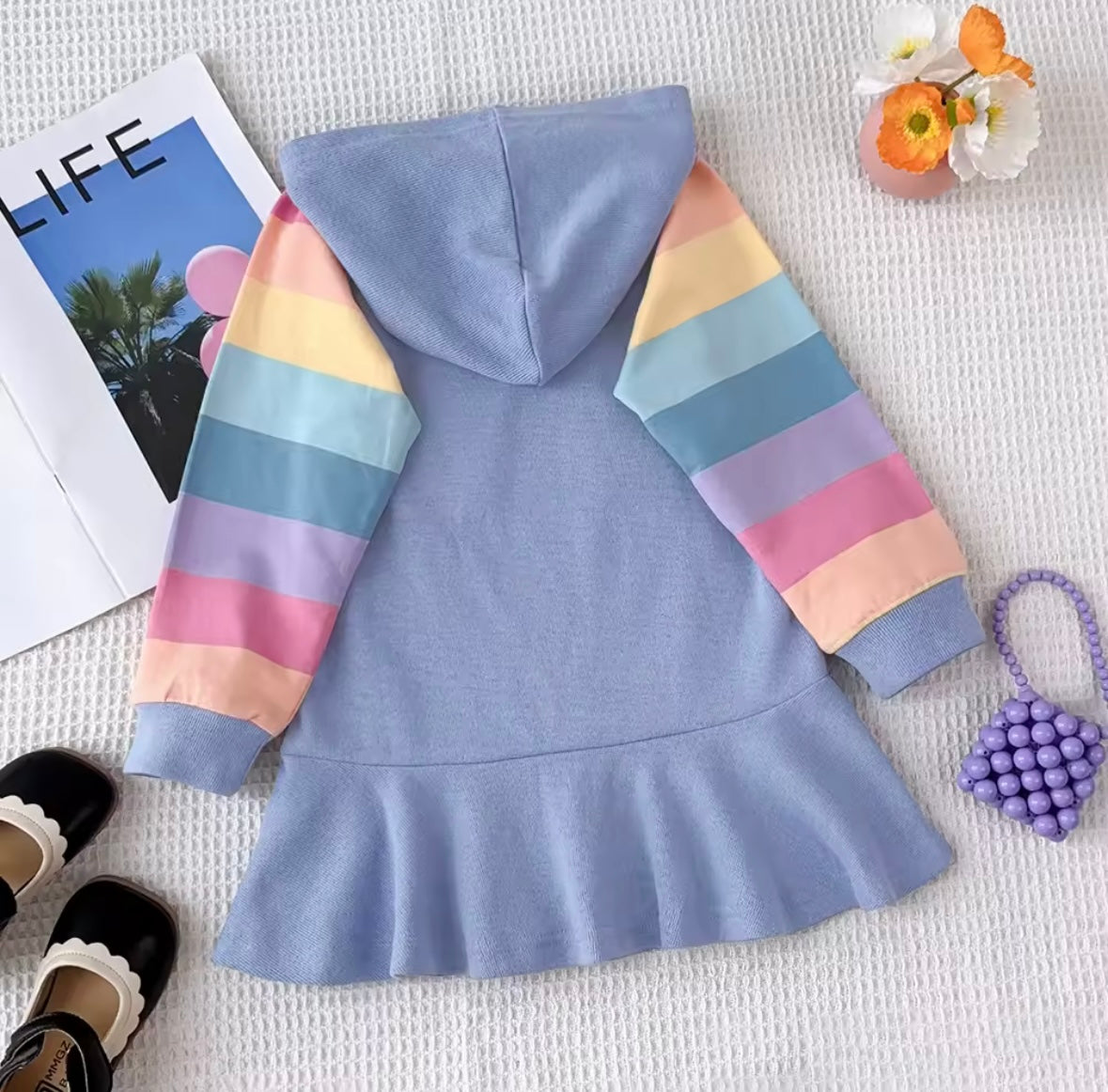 Pastel Rainbow Hoodie Dress – Soft Blue with Flare Hem 🌈✨