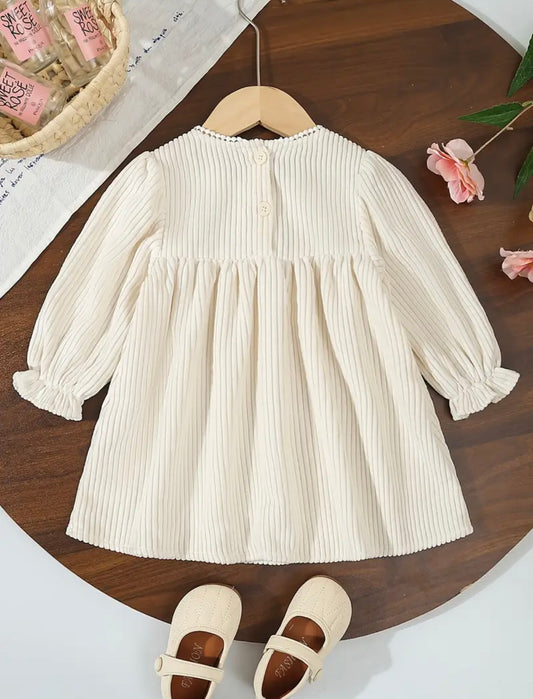 Vintage Cream Corduroy Dress with Embroidered Flowers