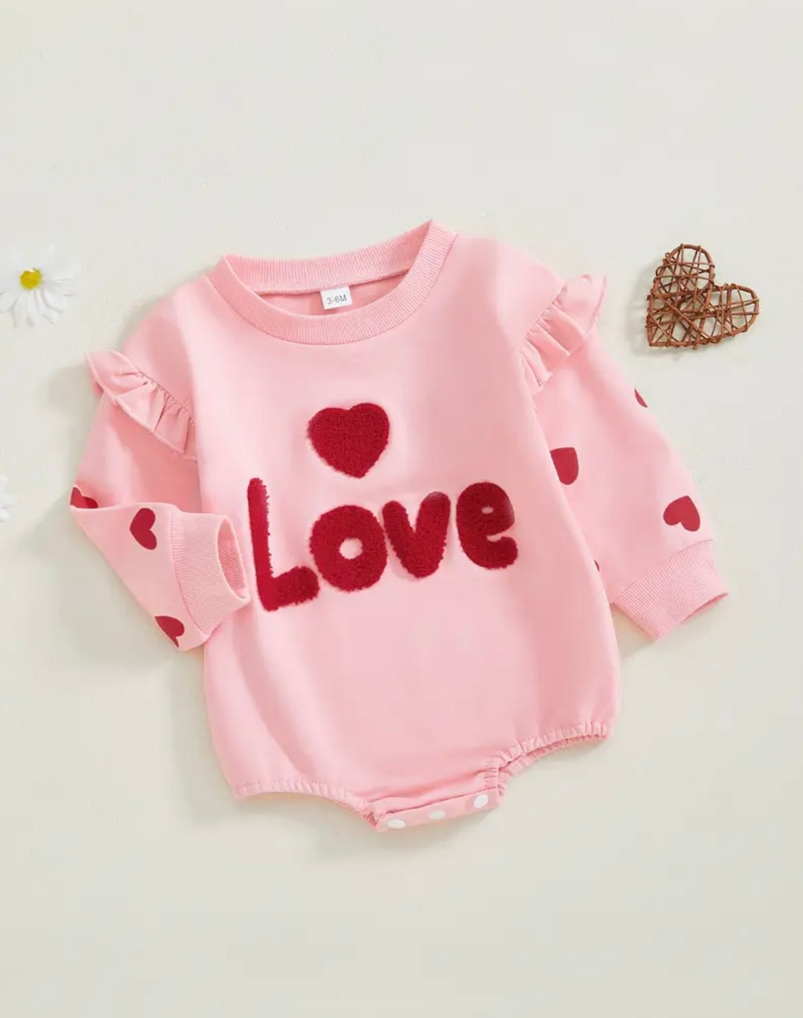 💕 “Love” Heart Baby Romper – Pink Fleece Bodysuit with Ruffles & Snaps