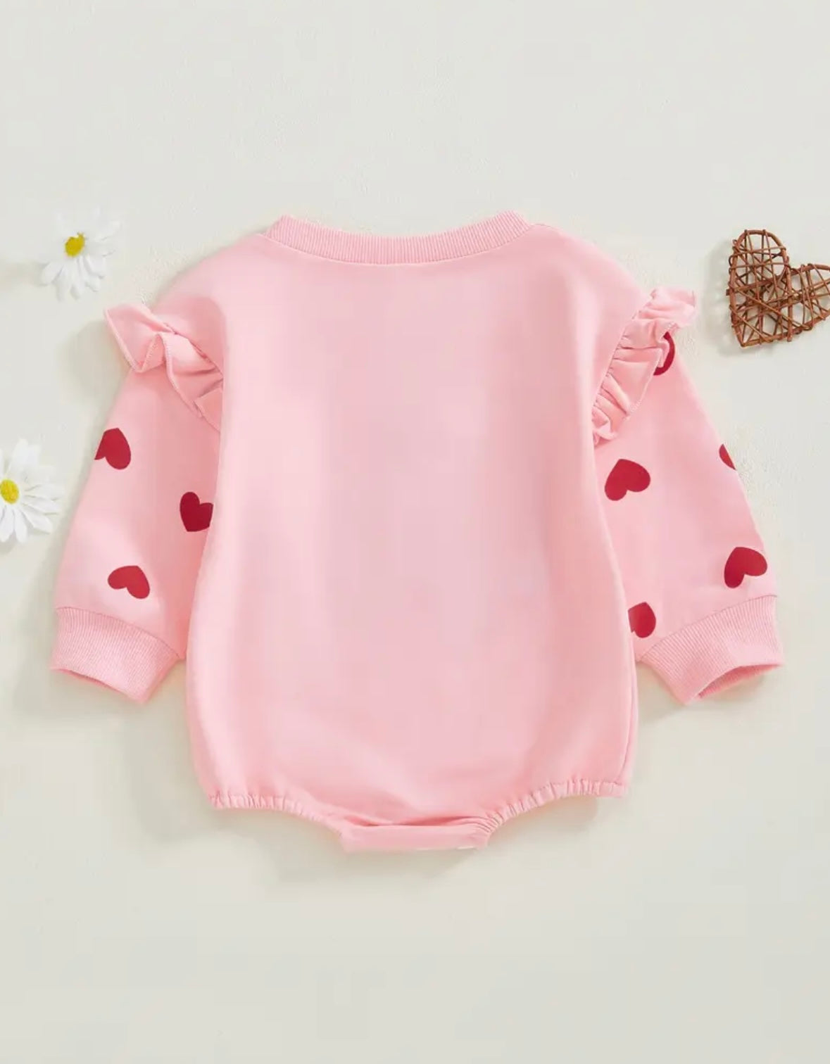 💕 “Love” Heart Baby Romper – Pink Fleece Bodysuit with Ruffles & Snaps