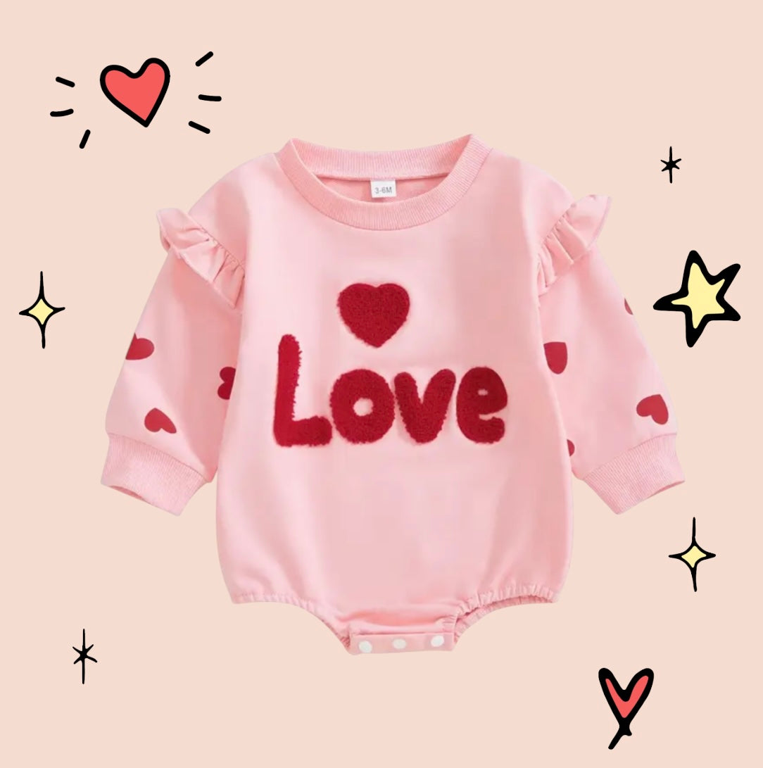 💕 “Love” Heart Baby Romper – Pink Fleece Bodysuit with Ruffles & Snaps