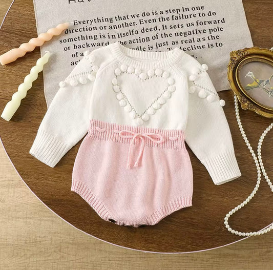 Knitted Baby Romper with Heart Detail – Long Sleeve Pink & White Bodysuit. Size 0-3M and 3-6M available
