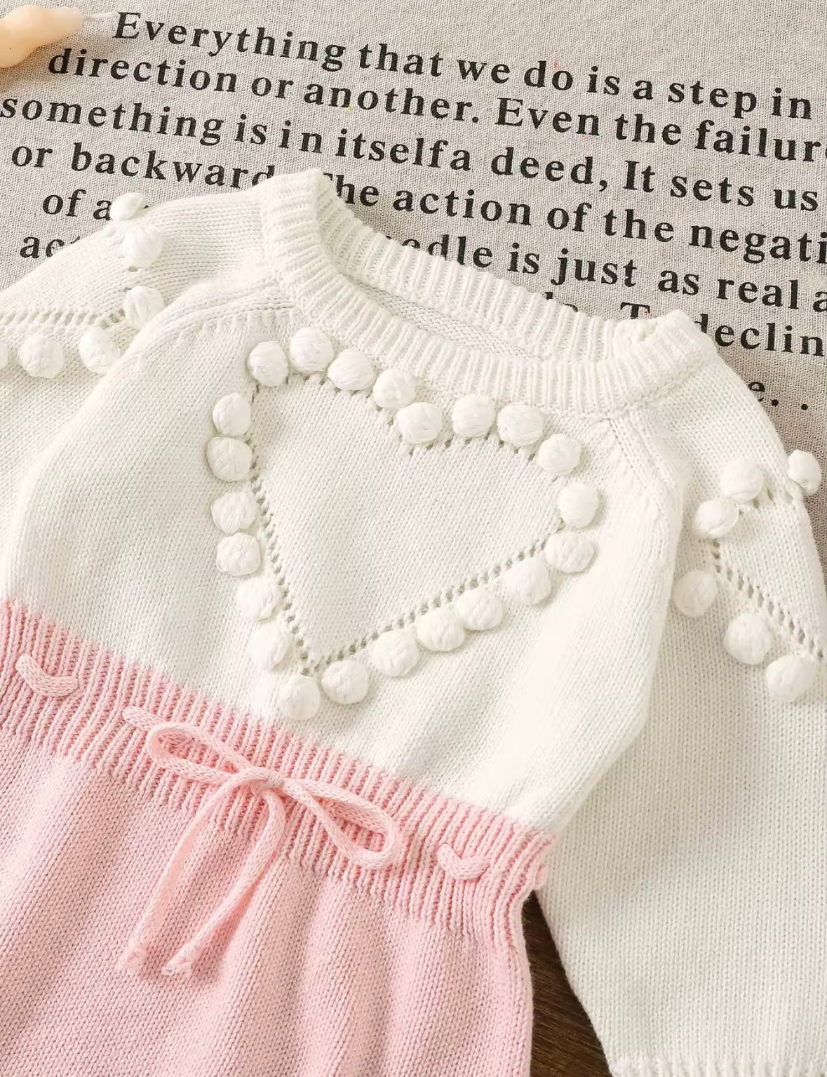 Knitted Baby Romper with Heart Detail – Long Sleeve Pink & White Bodysuit. Size 0-3M and 3-6M available