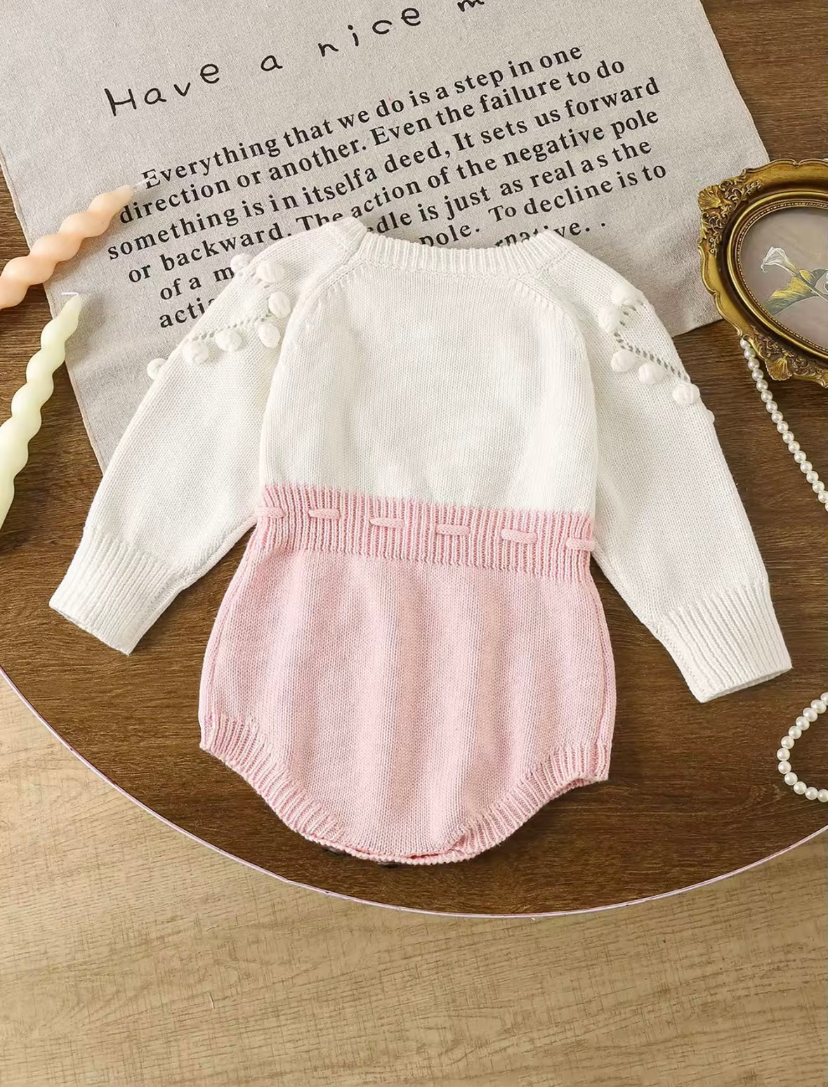 Knitted Baby Romper with Heart Detail – Long Sleeve Pink & White Bodysuit. Size 0-3M and 3-6M available