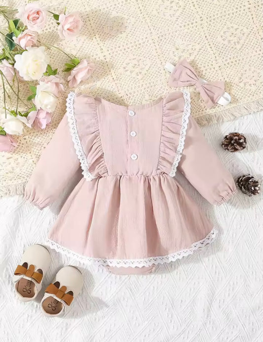 Dusty Pink Ruffle Baby Romper Set – Lace Trim Long Sleeve with Matching Bow Headband