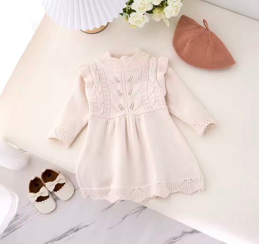 Winter ivory Knit Baby Dress – Cable Knit Long Sleeve Dress with Ruffle Shoulders