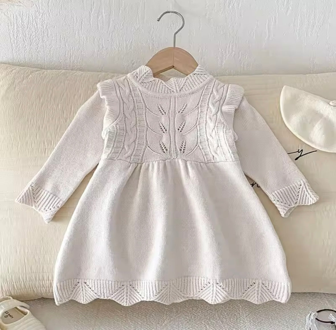 Winter ivory Knit Baby Dress – Cable Knit Long Sleeve Dress with Ruffle Shoulders