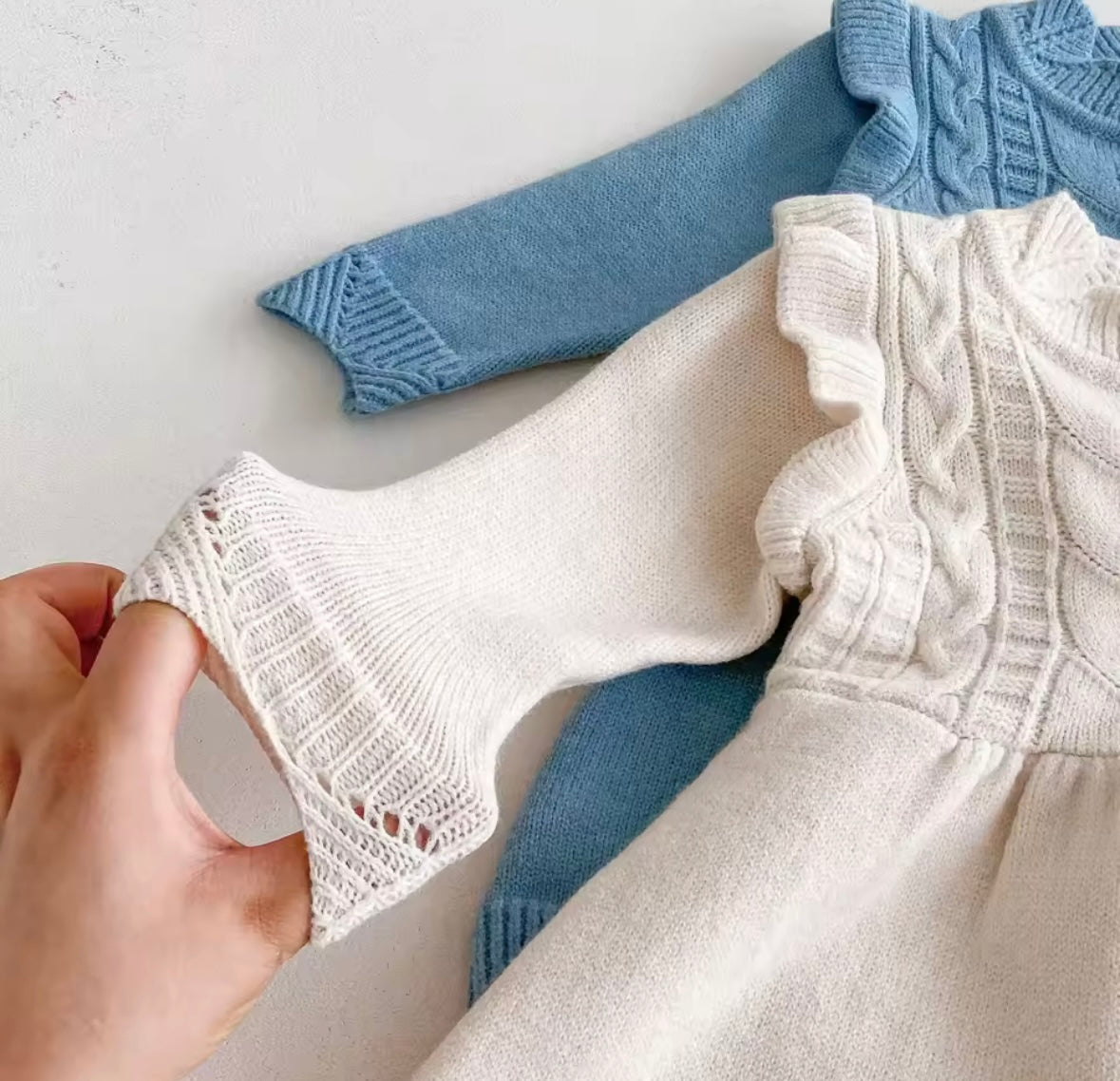 Winter ivory Knit Baby Dress – Cable Knit Long Sleeve Dress with Ruffle Shoulders
