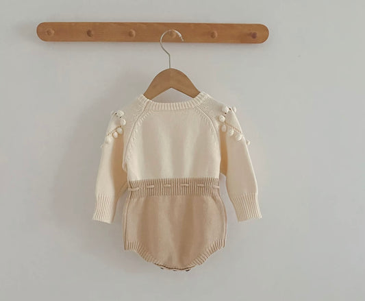 Knitted Heart Pom-Pom Baby Romper – Cream & Beige