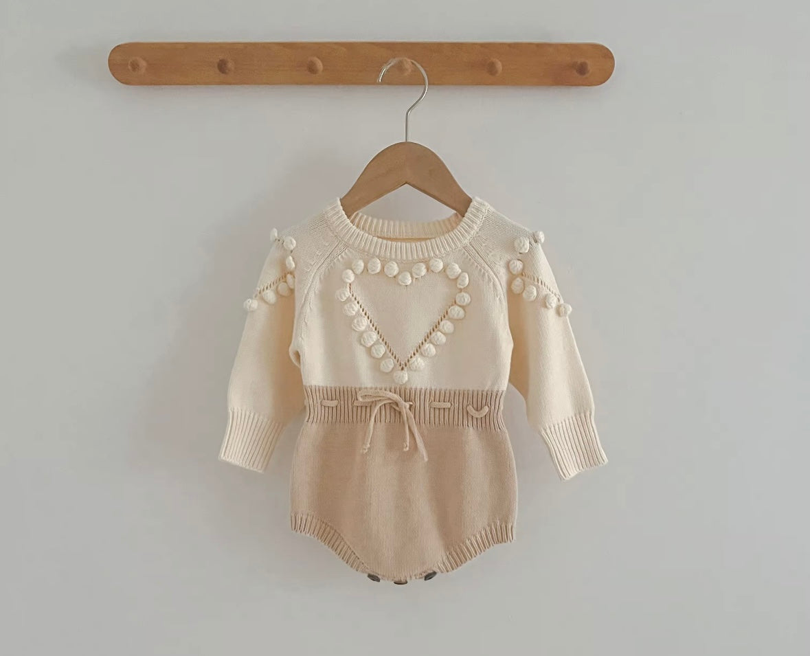 Knitted Heart Pom-Pom Baby Romper – Cream & Beige