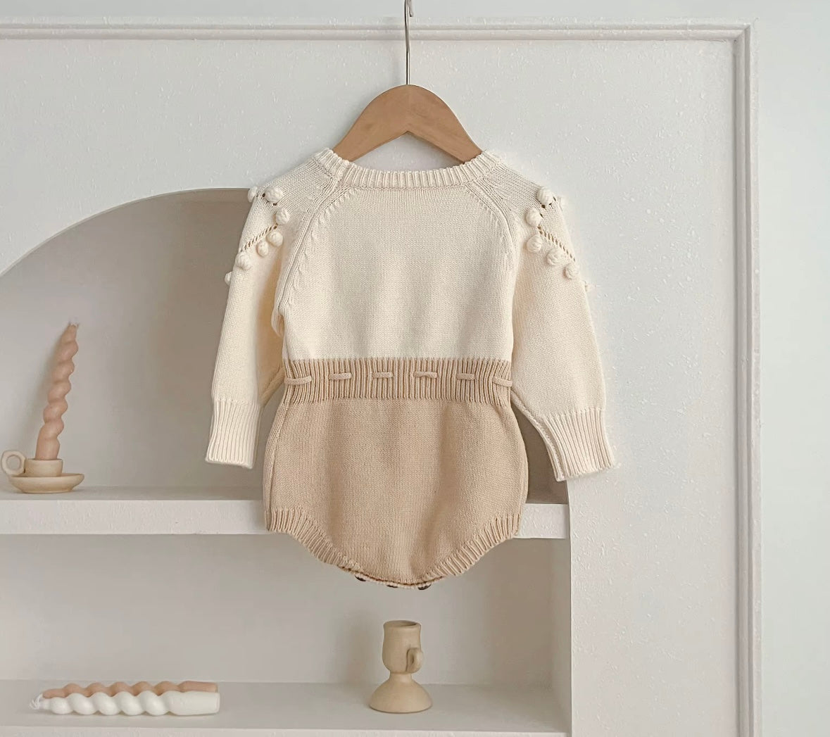 Knitted Heart Pom-Pom Baby Romper – Cream & Beige