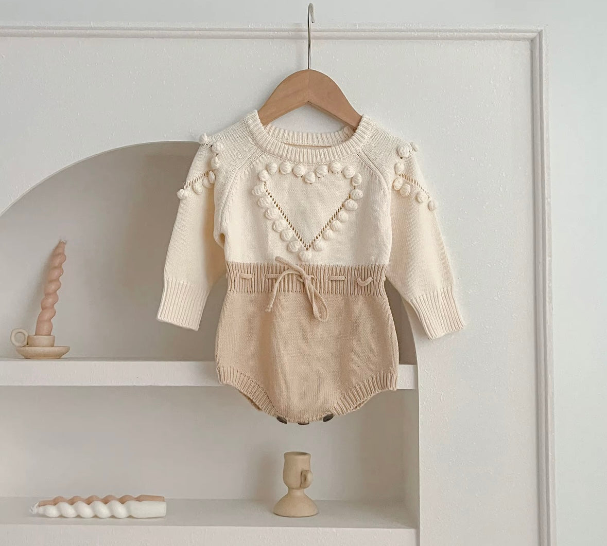 Knitted Heart Pom-Pom Baby Romper – Cream & Beige