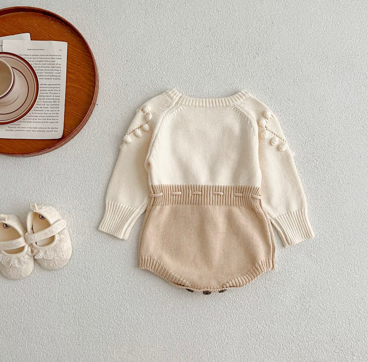 Knitted Heart Pom-Pom Baby Romper – Cream & Beige