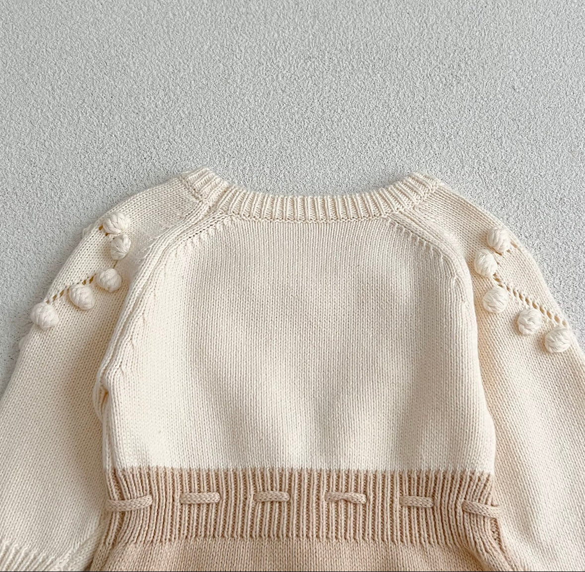 Knitted Heart Pom-Pom Baby Romper – Cream & Beige