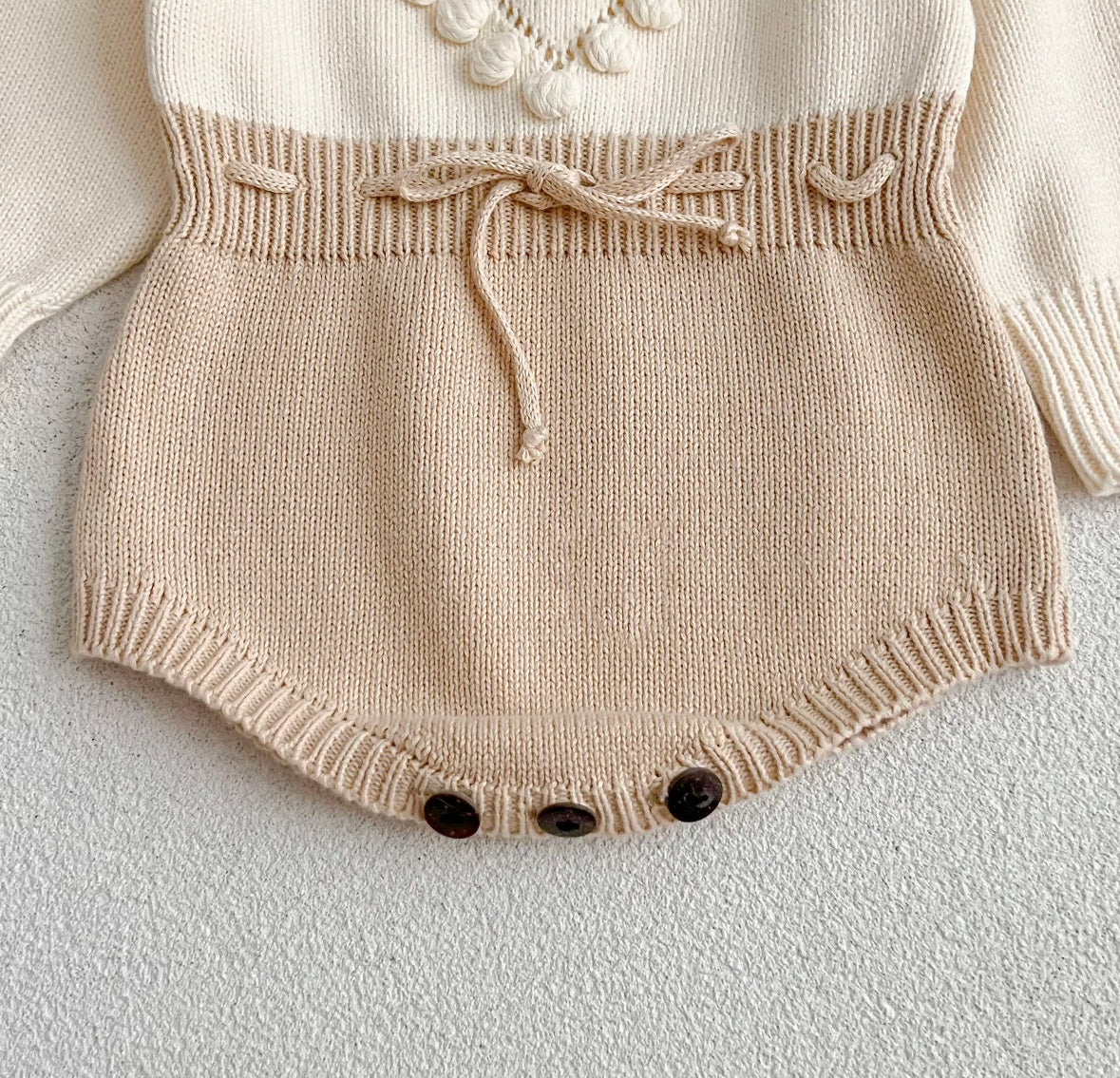 Knitted Heart Pom-Pom Baby Romper – Cream & Beige
