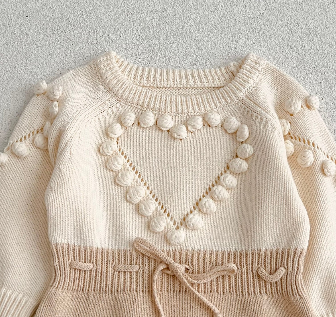 Knitted Heart Pom-Pom Baby Romper – Cream & Beige
