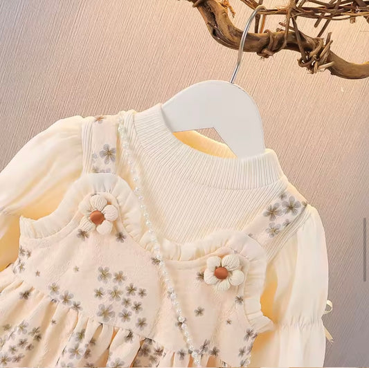 Daisy Lace Baby Girl Dress Set with Pearl Bunny Purse – Cream Floral Layered Outfit