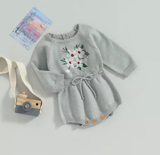 Floral Embroidered Knit Romper – Soft Grey Baby Sweater Outfit