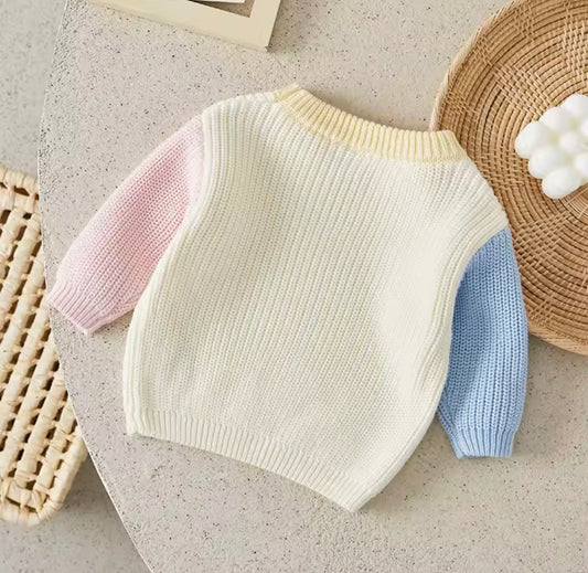 Pastel Colorblock Knit Baby Sweater – Soft Cream, Pink & Blue