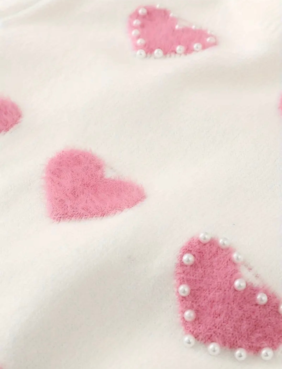Pearl Heart Sweater – White Knit with Fuzzy Pink Hearts