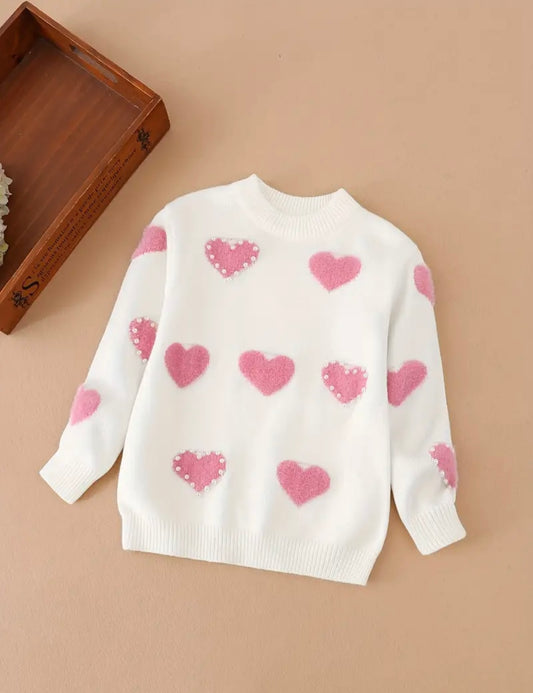 Pearl Heart Sweater – White Knit with Fuzzy Pink Hearts